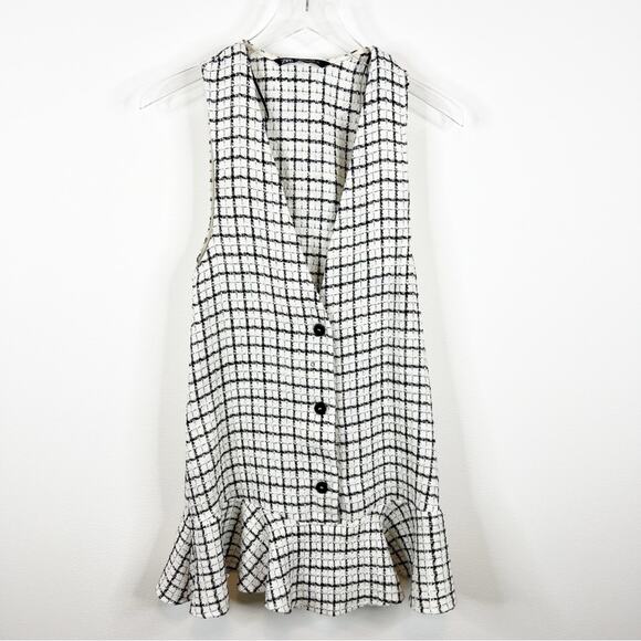 ZARA Tweed Pinafore Ruffle Hem Mini Dress XS - Picture 2 of 8